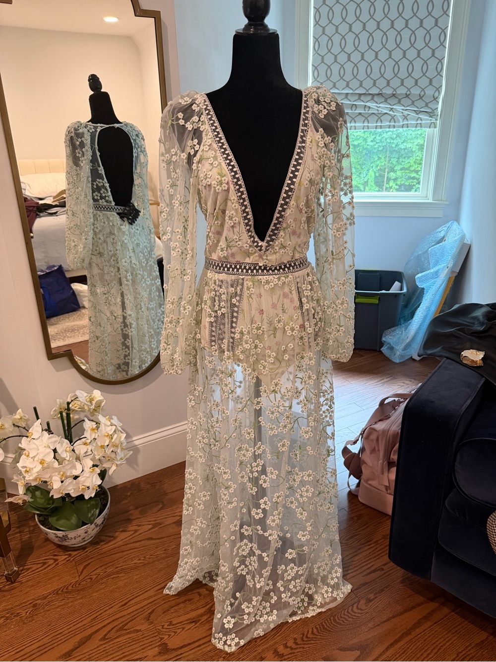 For Love & Lemons Pale Blue Floral Embroidered Sheer Maxi Dress